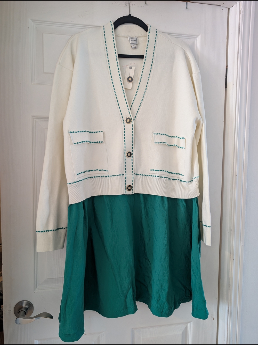 Maeve Cream Cardigan with Green Skirt Dress